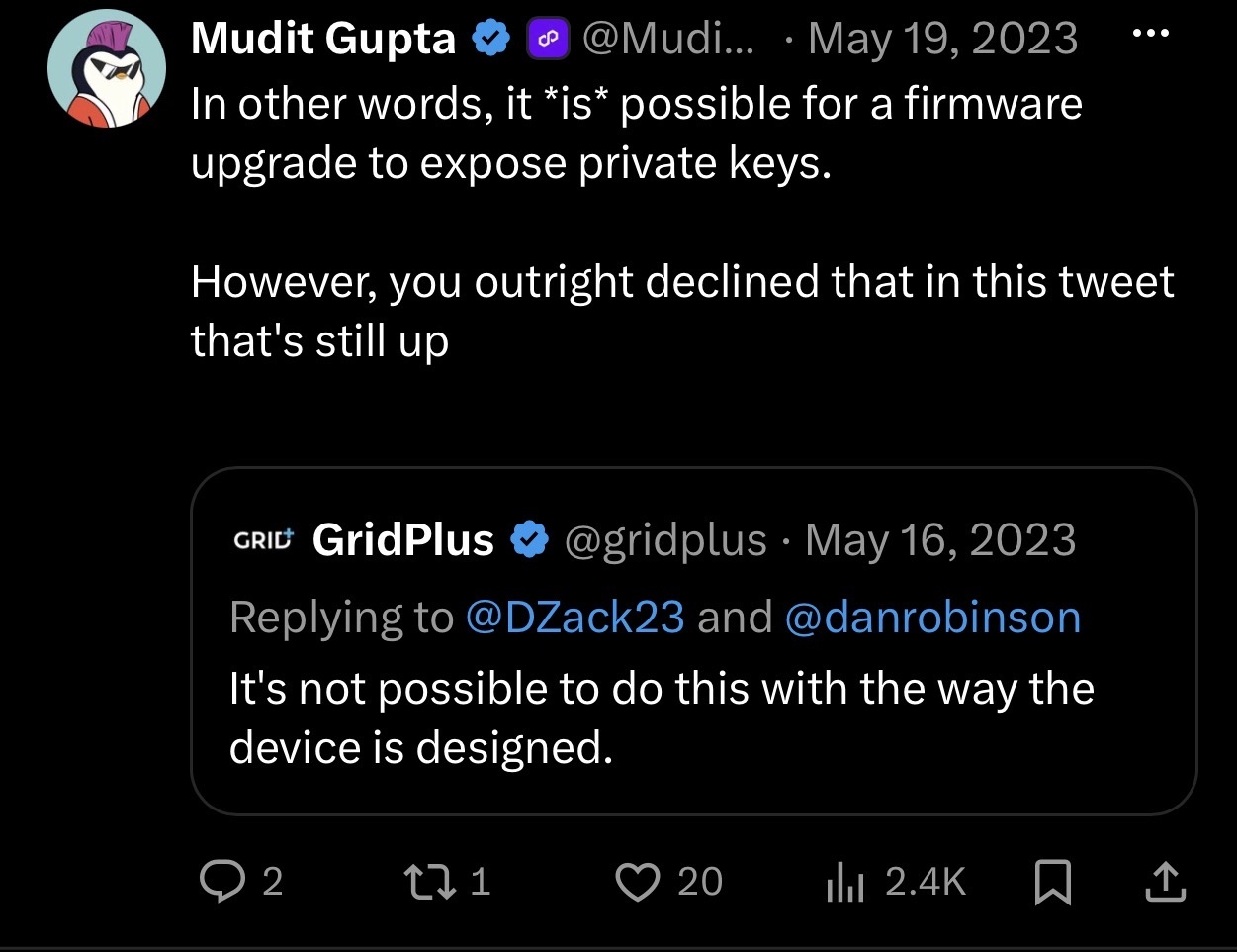 Capture of Mudit Gupta's May 19, 2023 post quoting GridPlus's May 16 statement that it is not possible to do this with the way the device is designed