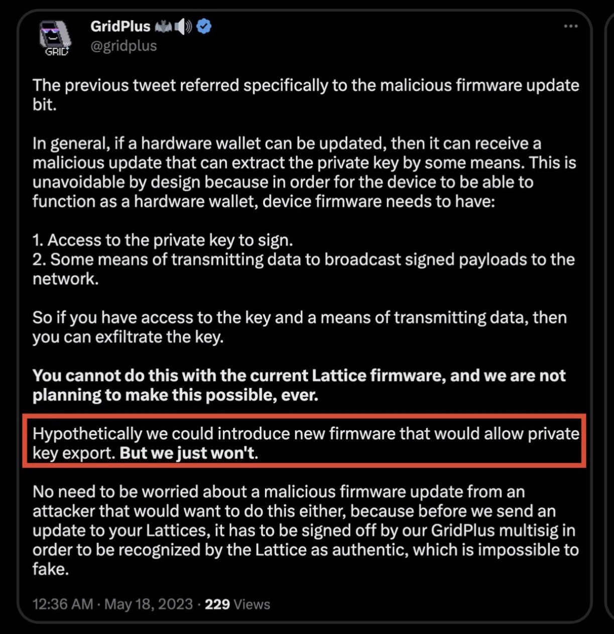 Capture of a GridPlus post from May 18, 2023 stating that hypothetically new firmware could allow private key export but that GridPlus would not do so